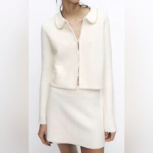 Zara Cream pearl Ribbed Knit cardigan  and matching skirt